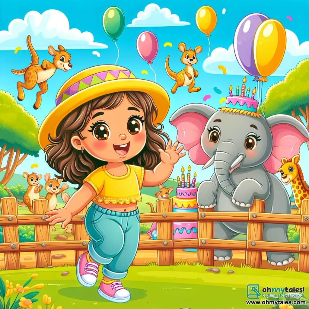 An illustration depicting a sunny zoo filled with bright colors and lush greenery. In the foreground, a one-year-old girl with sparkling big eyes and curly hair, wearing a yellow hat, jumps for joy near a large wooden fence. She smiles with her arms raised, amazed by the animals. Next to her, a woman in her thirties with long brown hair smiles tenderly at the little girl, holding a small birthday cake decorated with colorful candles. In the background, a friendly elephant stands waving its trunk, while kangaroos happily jump around them. Colorful balloons float in the blue sky, adding a festive touch to this joyful birthday scene at the zoo.