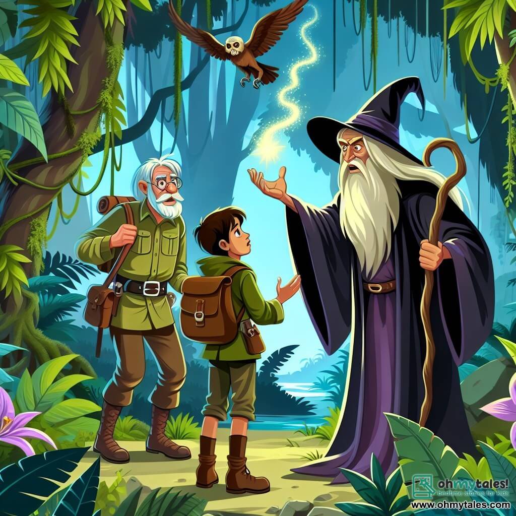Une illustration destinée aux enfants représentant une jeune femme exploratrice courageuse affrontant un sorcier maléfique avec l'aide d'un sage vieillard dans la jungle luxuriante et mystérieuse d'Amazonia.