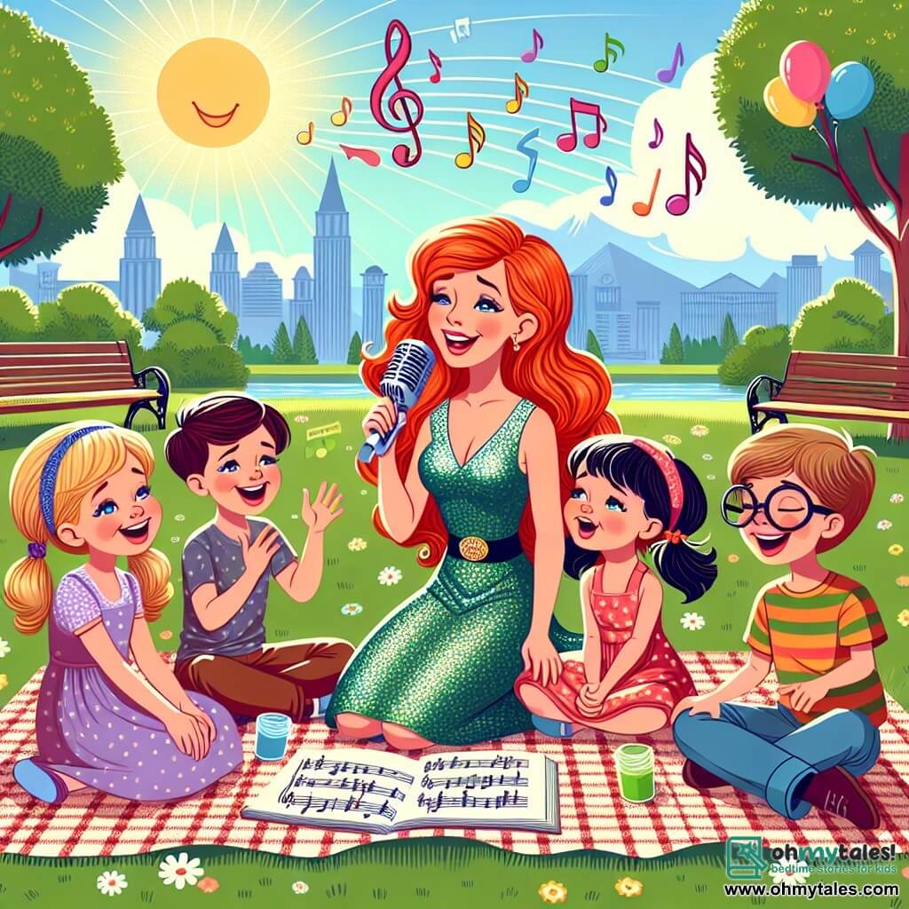 Une illustration sous forme de dessin destinée aux enfants représentant un parc ensoleillé à Harmonyville, avec une femme aux cheveux roux flamboyants et une robe scintillante, assise sur une couverture de pique-nique, entourée de plusieurs enfants aux visages joyeux, dont une petite fille aux couettes et un garçon aux lunettes, tous chantant ensemble une chanson sur l'amitié, avec des notes de musique flottant dans l'air et des ballons colorés décorant le décor.