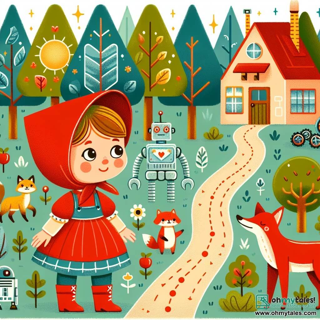 Une illustration destinée aux enfants représentant une jeune fille au bonnet écarlate, courageuse et curieuse, se tenant devant une forêt futuriste où les arbres scintillent avec des feuilles solaires, des animaux accompagnés de robots et des gardiens mécaniques protégeant le chemin menant à la maison de sa grand-mère.