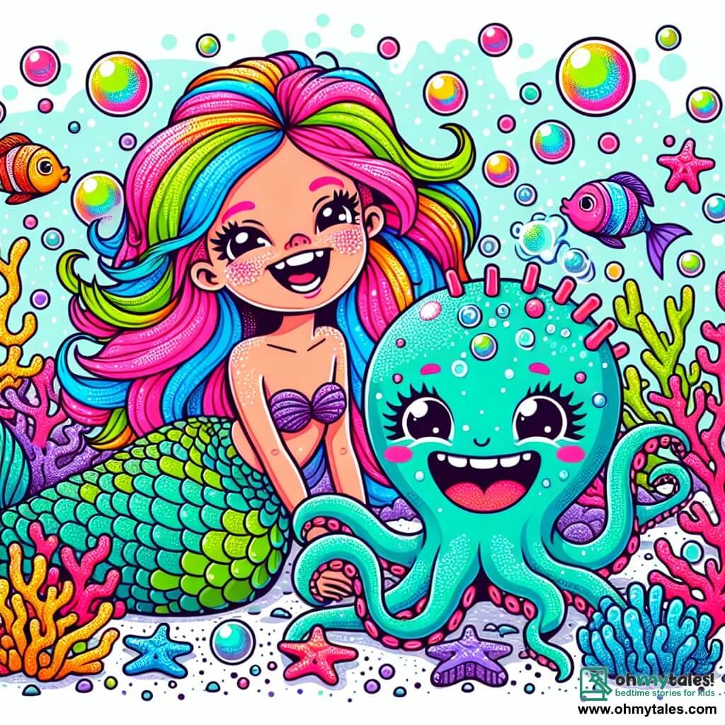 Une illustration destinée aux enfants représentant une joyeuse sirène aux cheveux fluos, accompagnée d'un poulpe rieur, dans l'océan étincelant parsemé de coraux multicolores et de poissons en train de faire des bulles de chewing-gum.