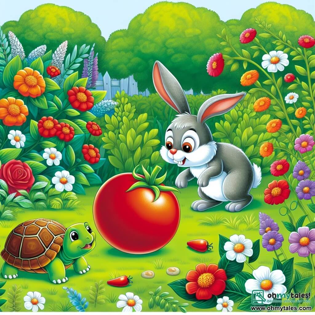 Une illustration destinée aux enfants représentant un lapin espiègle, découvrant par erreur une tomate rouge et brillante, avec son ami la tortue, dans une prairie verdoyante remplie de fleurs multicolores.