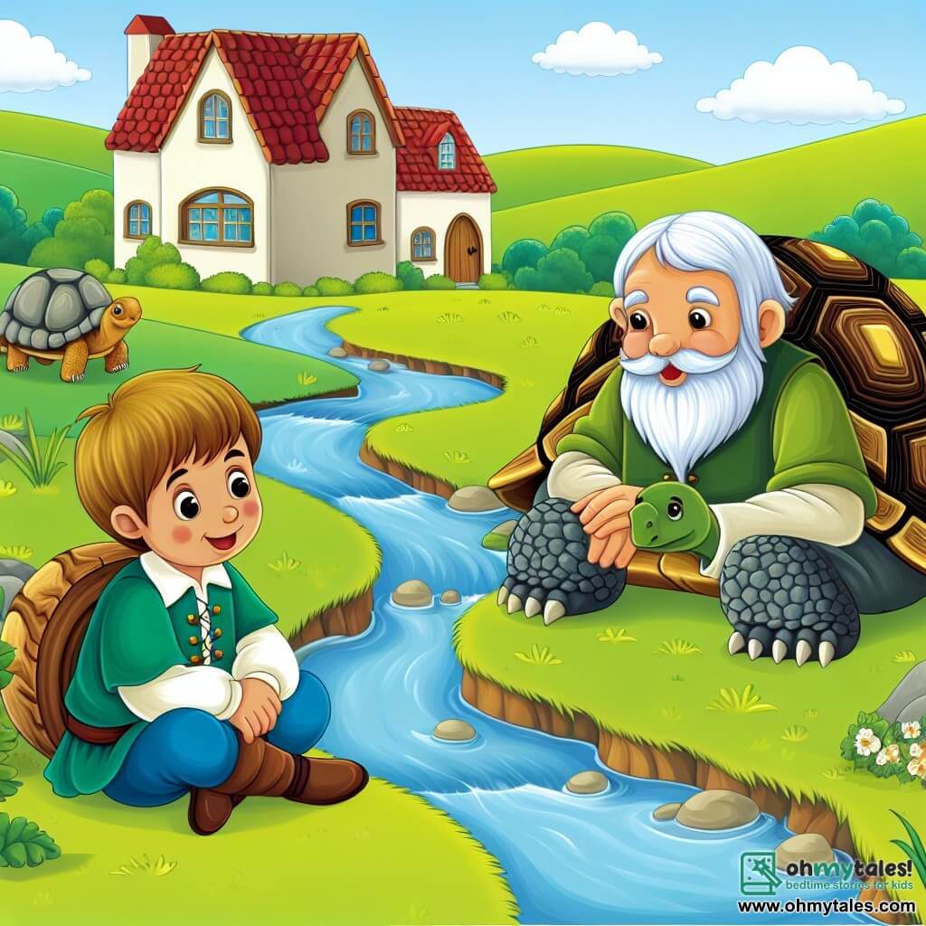 Une illustration destinée aux enfants représentant un jeune garçon curieux, assis aux côtés d'une tortue sage, écoutant attentivement l'histoire d'une étoile perdue, tandis qu'un ruisseau babille joyeusement et des collines verdoyantes entourent le petit village où se déroule cette aventure.