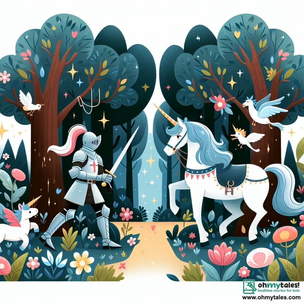 Une illustration destinée aux enfants représentant un courageux chevalier, accompagné d'une licorne majestueuse, affrontant des défis dans une forêt enchantée remplie de créatures magiques, avec des arbres aux feuilles scintillantes et des fleurs lumineuses.
