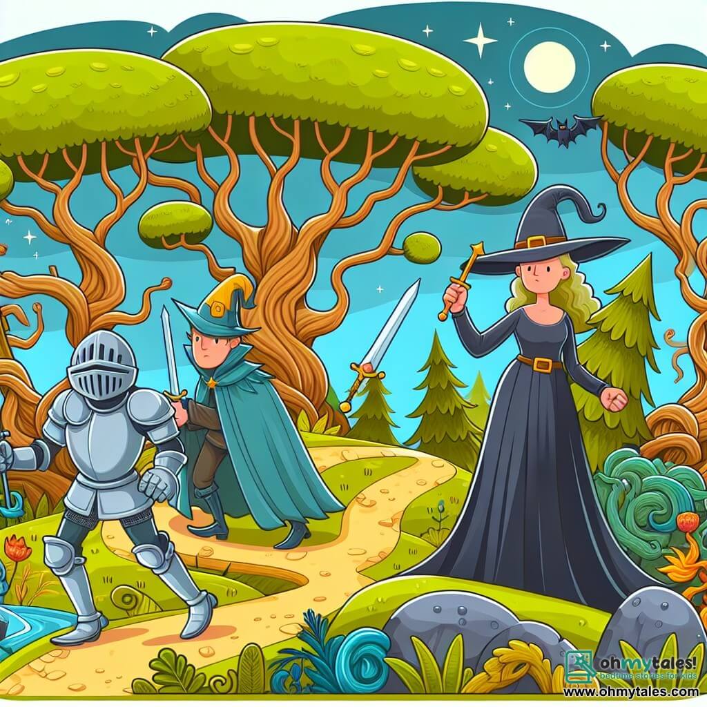 Une illustration destinée aux enfants représentant un courageux chevalier, une sorcière maléfique, et une forêt enchantée aux arbres centenaires et aux sentiers sinueux, où se déroule l'aventure.