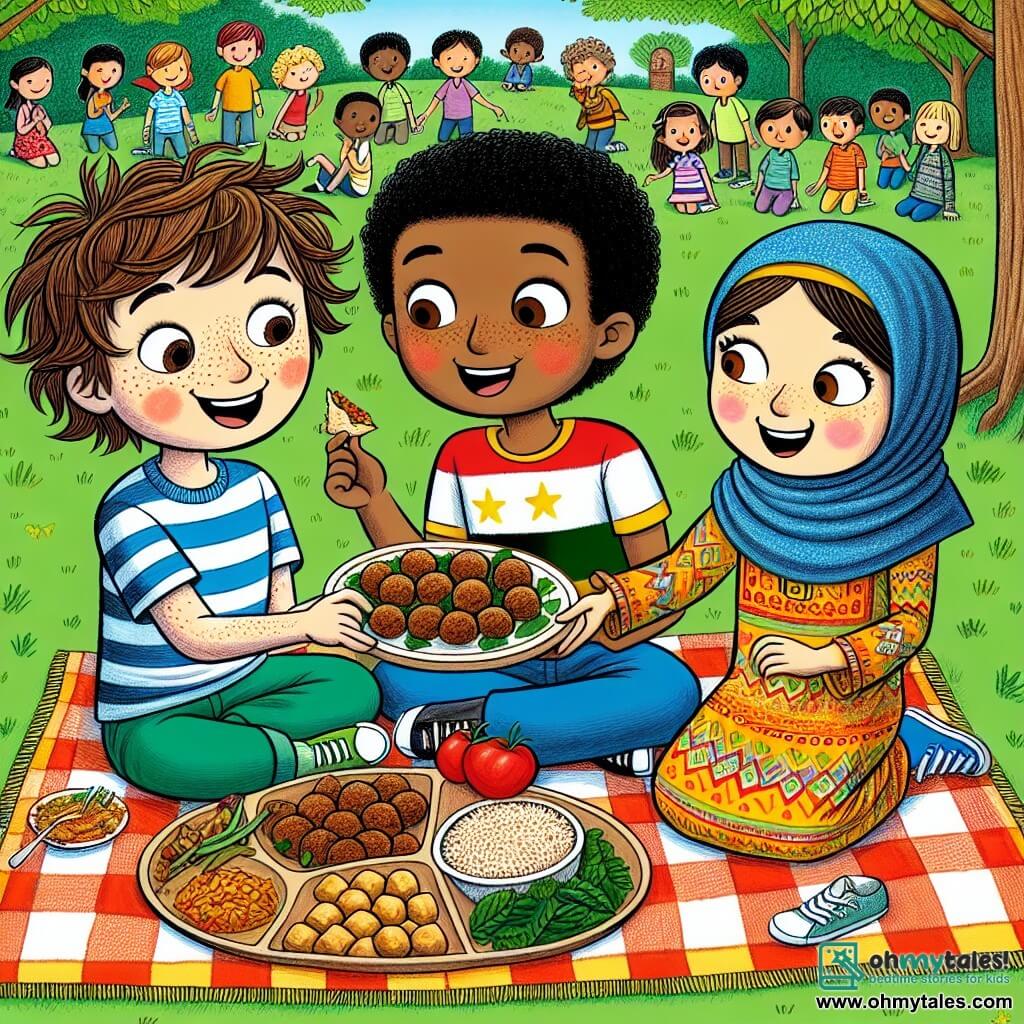 Une illustration sous forme de dessin destinée aux enfants représentant un parc verdoyant de Maplewood, avec un garçon de 11 ans aux cheveux bruns en bataille et aux taches de rousseur, souriant et partageant un plat de kibbeh avec un autre garçon de 11 ans aux cheveux noirs et aux yeux marron, qui vient de Syrie, tandis qu'une fille de 11 ans aux cheveux longs et bruns, vêtue d'une robe colorée, les regarde avec enthousiasme, tous trois assis sur une couverture à carreaux, célébrant la diversité et l'amitié lors d'un potluck scolaire, entourés de plats colorés et de camarades de classe curieux.