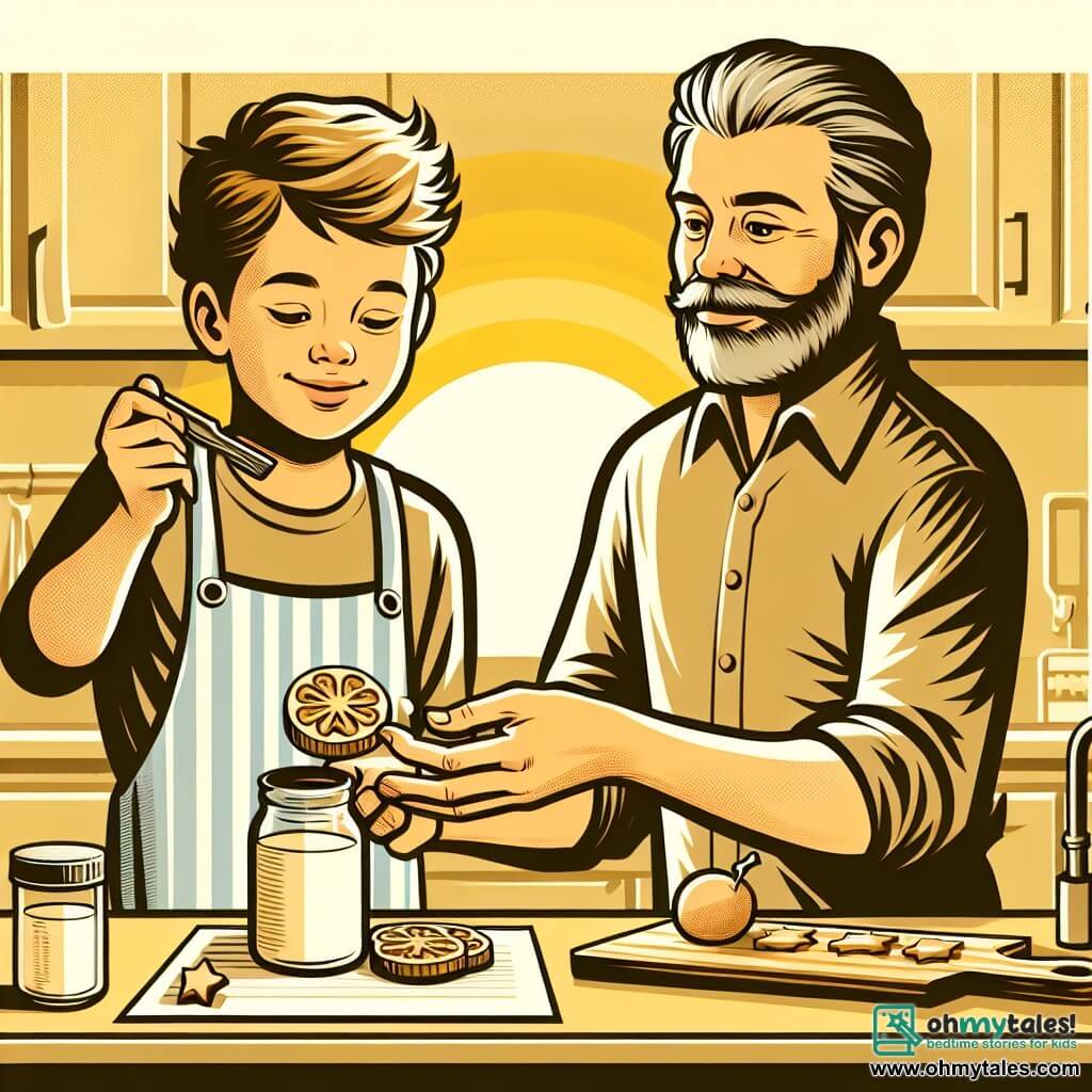 Une illustration destinée aux enfants représentant un petit garçon déterminé, accompagné de son père bienveillant, préparant une surprise dans une cuisine chaleureuse et ensoleillée pour la fête des pères.
