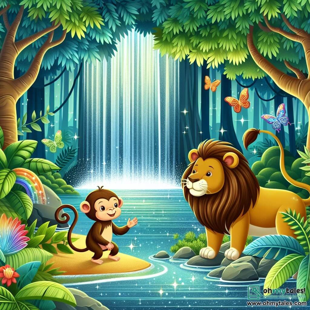 Une illustration destinée aux enfants représentant une jeune singe curieuse découvrant les mystères de la jungle en compagnie d'un lion majestueux, près d'une cascade scintillante entourée de feuilles chatoyantes, dans une forêt luxuriante et verdoyante.