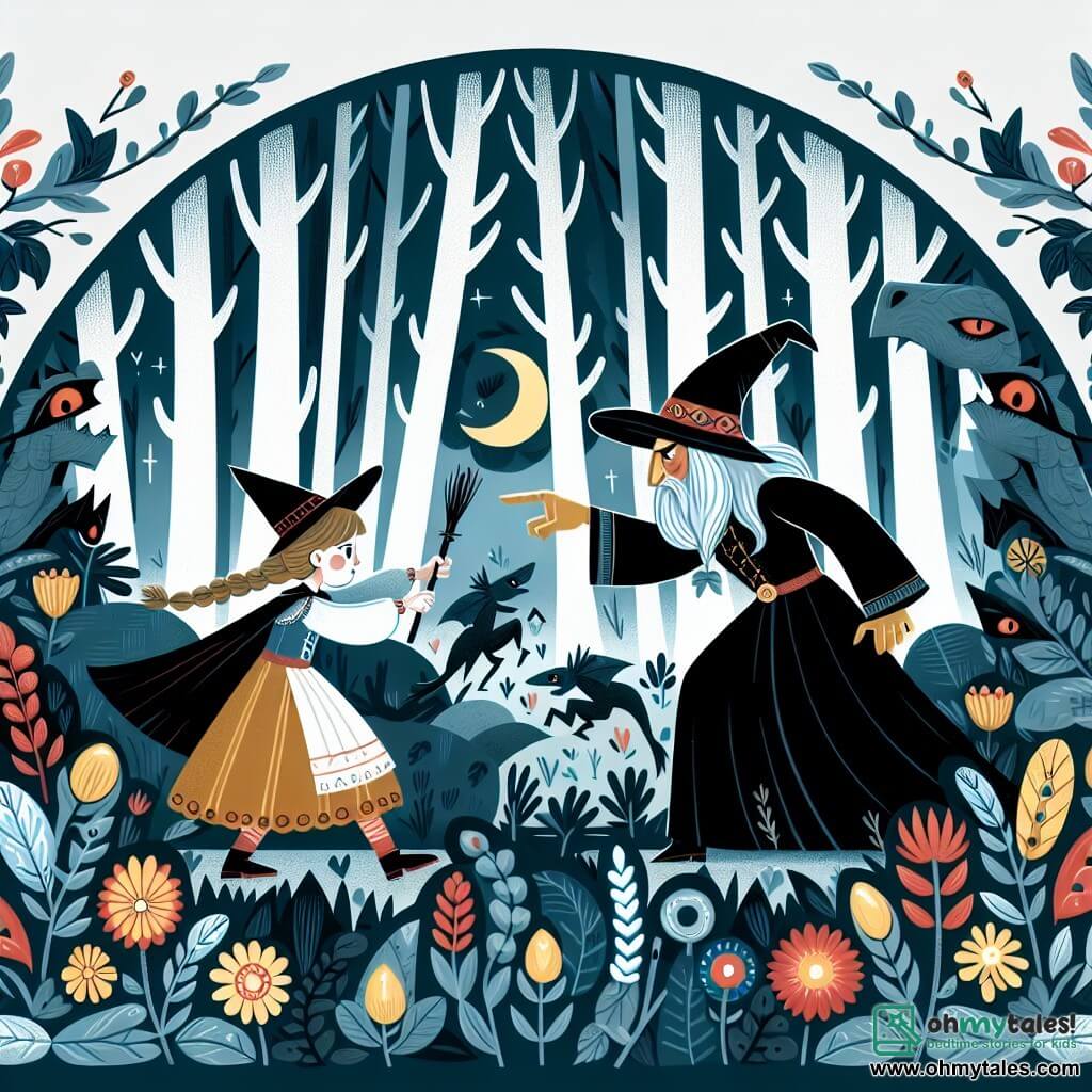 Une illustration destinée aux enfants représentant une jeune apprentie sorcière courageuse affrontant une sombre menace aux côtés de son sage mentor, dans une forêt enchantée où les arbres murmurent des secrets et les fleurs brillent de mille couleurs.