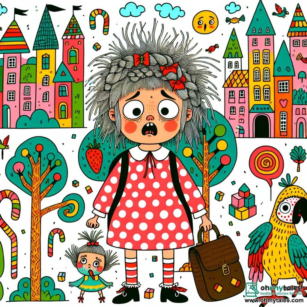 Une illustration destinée aux enfants représentant une petite fille aux cheveux en bataille, vêtue d'une robe à pois, qui se retrouve embarquée dans une série de situations loufoques et absurdes avec l'aide d'un perroquet parlant, dans une ville colorée où les arbres sont en forme de bonbons et les maisons ressemblent à des châteaux en nougat.