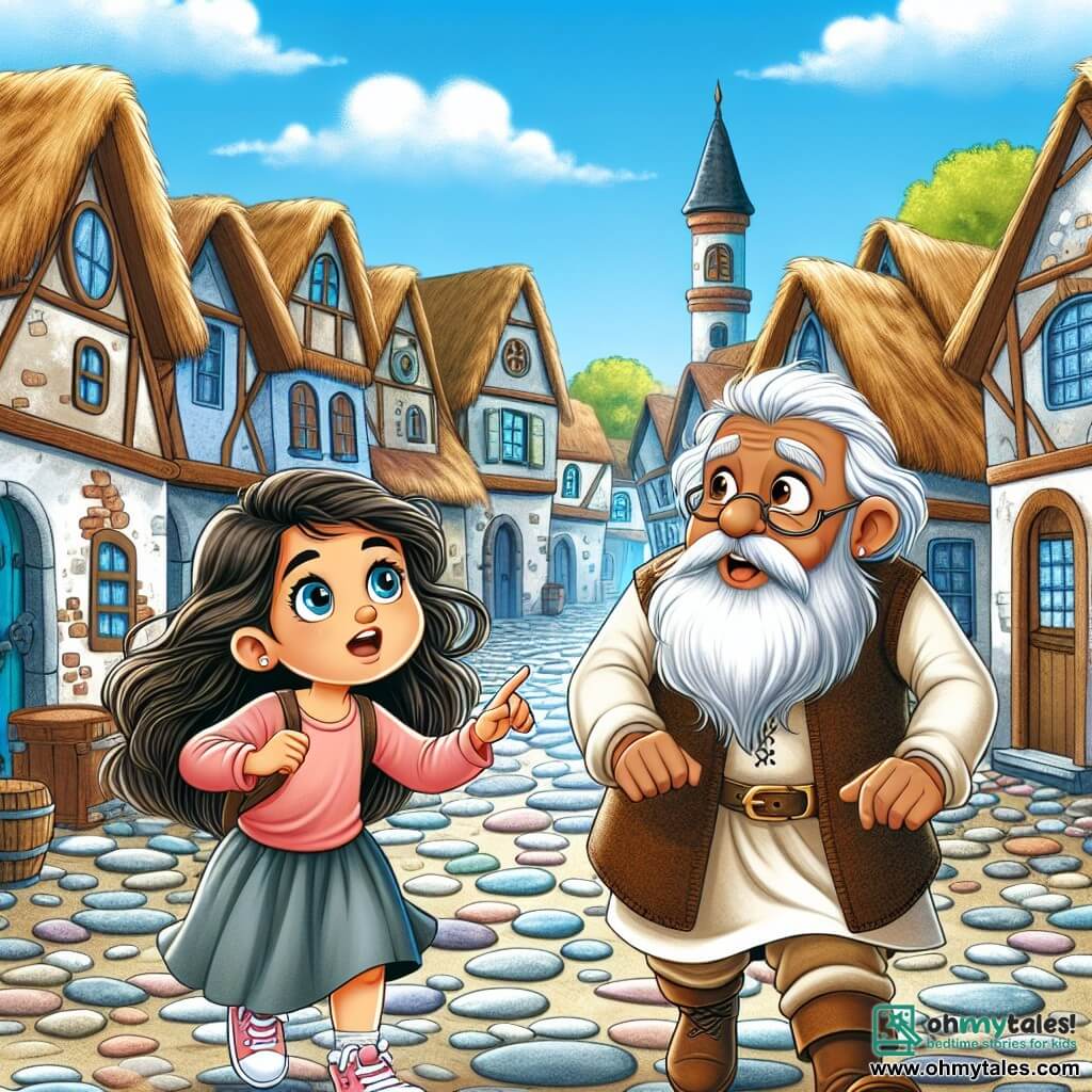 Une illustration destinée aux enfants représentant une fille curieuse et aventurière se retrouvant soudainement transportée dans un village médiéval, accompagnée d'un vieil homme barbu et bienveillant, dans une ruelle pavée bordée de maisons aux toits de chaume et de pierre, sous un ciel bleu parsemé de nuages blancs.