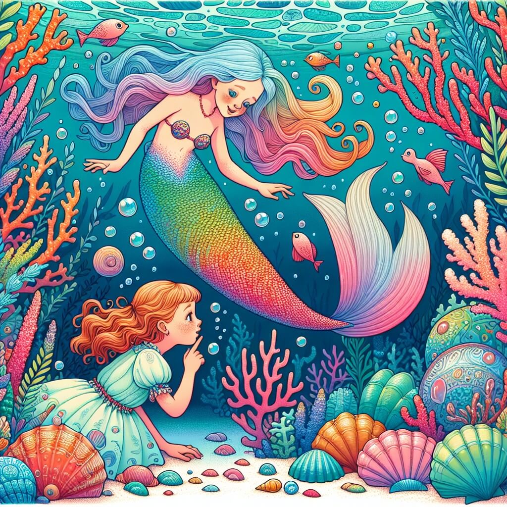 Une illustration destinée aux enfants représentant une sirène aux écailles iridescentes, nageant avec une petite fille curieuse dans un cove secret où des coraux colorés et des coquillages scintillants créent un monde sous-marin magique.