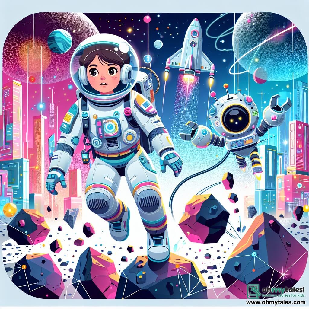 Une illustration destinée aux enfants représentant une jeune fille astronaute courageuse, naviguant à travers un champ d'astéroïdes pour secourir un vaisseau spatial en détresse, accompagnée de son fidèle robot compagnon, dans un univers futuriste scintillant de gratte-ciel étincelants et d'affichages holographiques colorés.