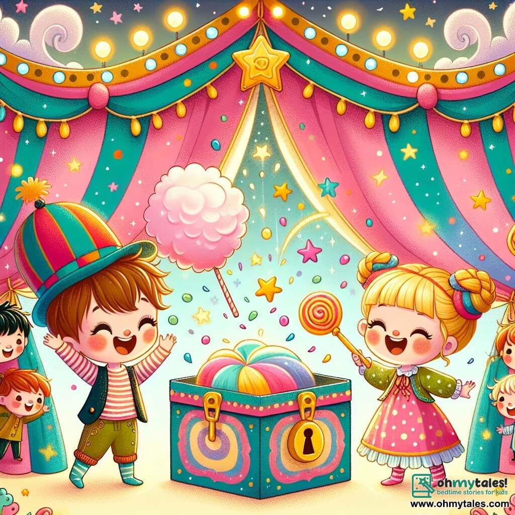 Une illustration sous forme de dessin destinée aux enfants représentant un parc coloré et festif pendant un carnaval, avec un groupe de trois enfants de 3 ans : un petit garçon aux cheveux bruns et aux yeux pétillants, portant un chapeau coloré avec des plumes et tenant une clé dorée, une petite fille aux cheveux blonds en tresses, vêtue d'une robe à pois et tenant une grande barbe à papa rose, et un autre petit garçon aux cheveux noirs, portant un chapeau de clown et riant joyeusement, tous trois émerveillés devant un grand chapiteau de magie décoré d'étoiles scintillantes, alors qu'ils découvrent une boîte magique qui vient de s'ouvrir, laissant échapper des confettis colorés et de la musique joyeuse.