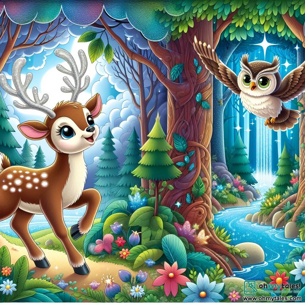 Une illustration destinée aux enfants représentant un jeune renne aux bois étincelants, souhaitant ardemment pouvoir voler, accompagné d'un sage hibou, dans une forêt enchantée, avec des arbres majestueux, des fleurs colorées et une cascade scintillante.