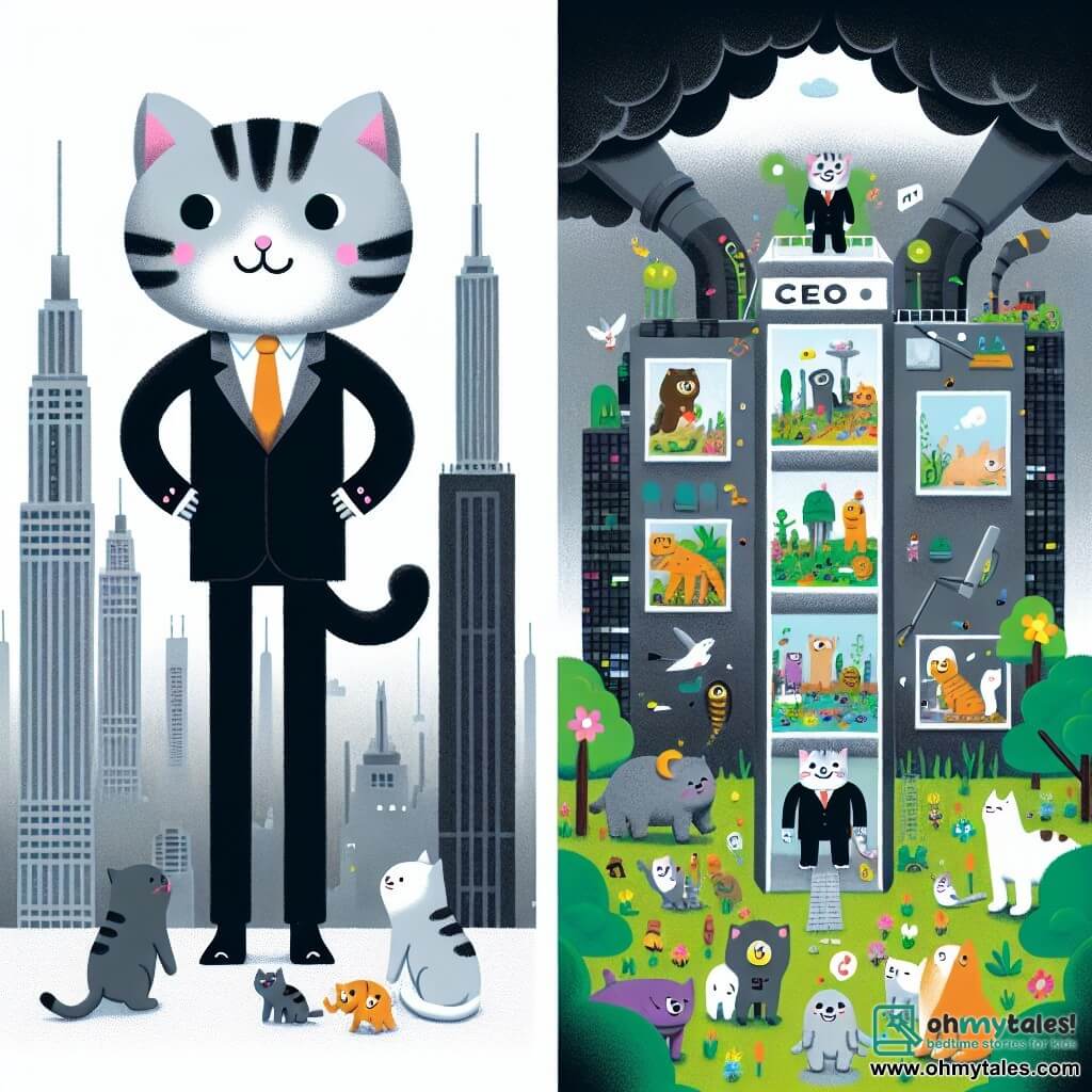 Une illustration destinée aux enfants représentant un chat malicieux, vêtu d'une combinaison futuriste, qui se trouve face à un puissant PDG dans son imposant bureau de verre et d'acier, au sommet d'une tour, entouré d'une cité grise et polluée, mais avec une oasis cachée remplie de fleurs colorées et d'animaux chantants.