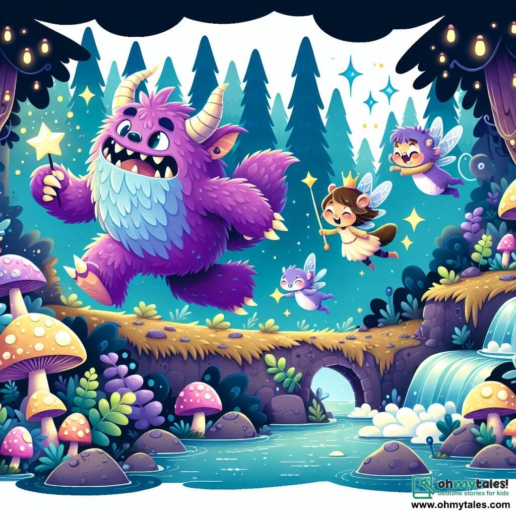 Une illustration destinée aux enfants représentant un monstre à la fourrure violette et aux cornes pointues, partant à l'aventure dans une forêt magique remplie de champignons lumineux et de ruisseaux scintillants, accompagné d'un adorable écureuil et d'une fée, à la recherche d'une baguette ensorcelée perdue dans une grotte souterraine ornée de cristaux étincelants.