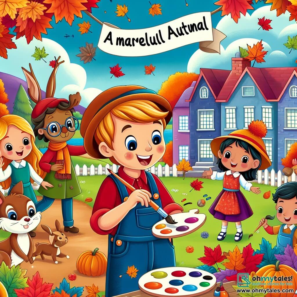Une illustration destinée aux enfants représentant un garçon créatif et enthousiaste, travaillant sur un magnifique mural d'automne, avec sa classe et sa gentille enseignante, entourés de feuilles multicolores et d'adorables créatures forestières, dans la paisible ville de Willow Creek.