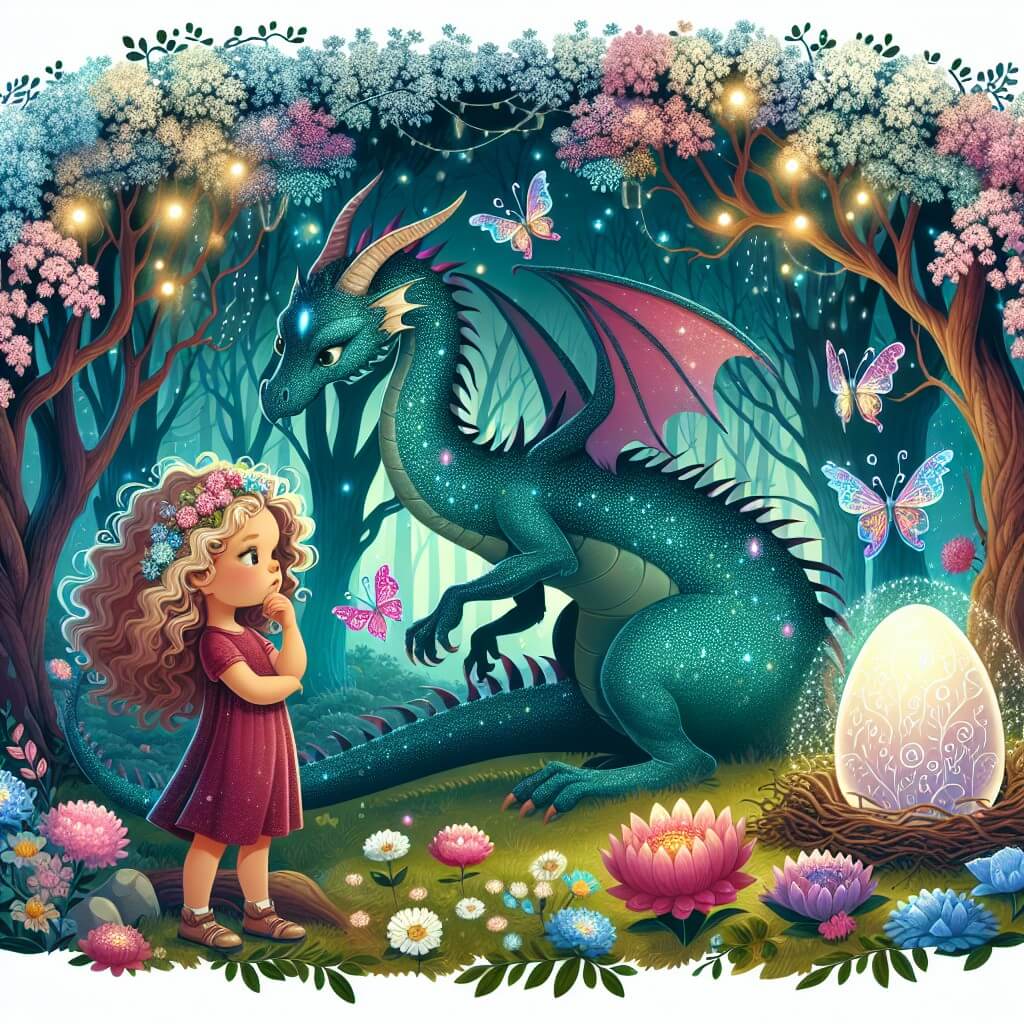 Une illustration destinée aux enfants représentant un dragon étincelant découvrant un œuf mystérieux dans une clairière enchantée, accompagné d'une jeune fille aux cheveux bouclés, dans une forêt magique où les arbres dansent avec des fleurs lumineuses et des papillons aux ailes chatoyantes.