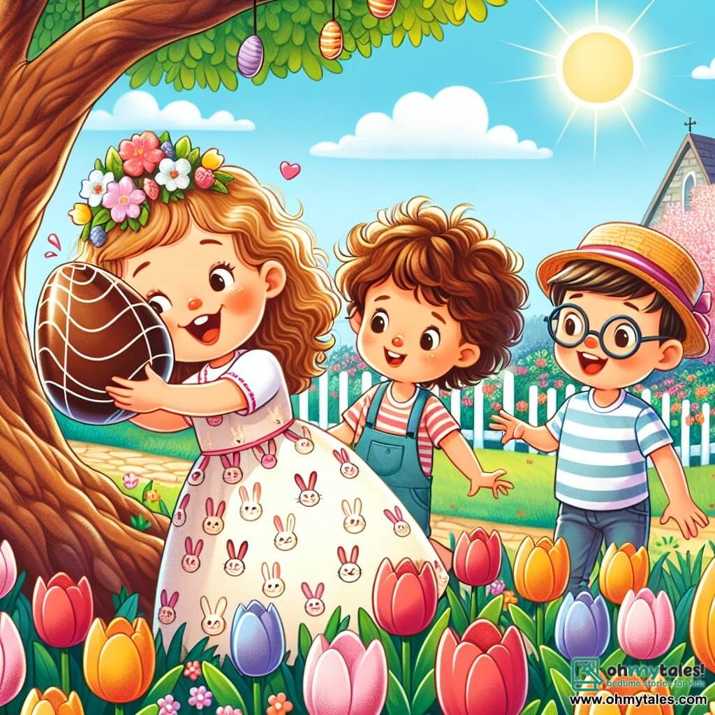 Une illustration sous forme de dessin destinée aux enfants représentant un parc ensoleillé de Blossomville, rempli de tulipes colorées et d'un grand arbre penché, où une petite fille de 5 ans aux cheveux bouclés et à la robe couverte de petits lapins, croule sous le poids d'un œuf en chocolat scintillant qu'elle vient de découvrir, tandis que deux garçons de son âge, l'un avec des lunettes et l'autre avec un chapeau de paille, l'observent avec émerveillement, tous trois partageant la joie d'une chasse aux œufs de Pâques.