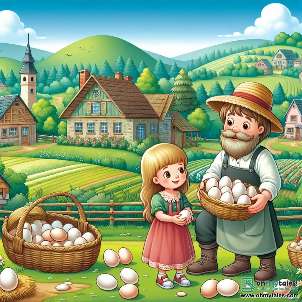 Une illustration destinée aux enfants représentant un homme au chapeau de paille occupé à rassembler des œufs, accompagné d'une fillette curieuse, dans un village pittoresque entouré de collines verdoyantes et de champs luxuriants.