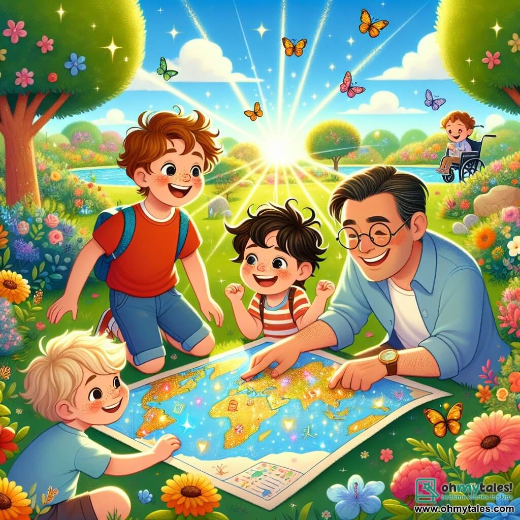 An illustration depicts a sunny garden filled with colorful flowers and lush trees, under a blue sky dotted with fluffy white clouds. In the center, four boys aged around 8 to 10 are gathered around a large, shiny map. The first boy, with curly brown hair, wears a red t-shirt and blue shorts, jumping for joy while holding the map. The second boy, with blonde hair and glasses, sits in a wheelchair, smiling widely at the map. The third boy, with smooth chestnut hair, raises his arms in a victory gesture, while the smallest boy, with black hair and freckles, gazes at the map with wide-eyed wonder. The map, adorned with fun drawings and sparkling glitter, emits a magical glow. In the background, a smiling man, the boys' father, stands off to the side, watching the scene with tenderness and curiosity. Colorful butterflies flutter around, adding a touch of magic to this joyful Father's Day celebration.