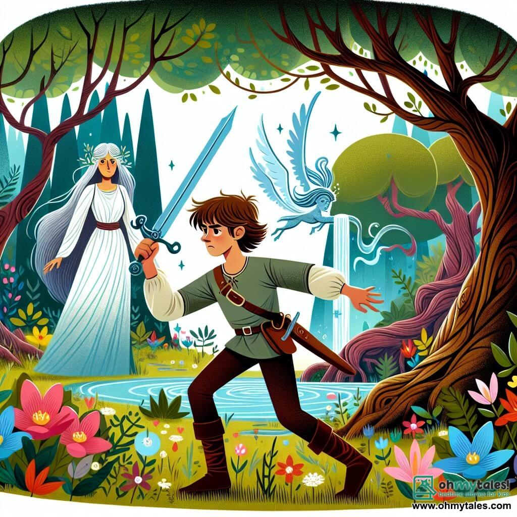 Une illustration destinée aux enfants représentant un jeune homme intrépide brandissant une épée magique, accompagné par un sage esprit féminin de l'eau, dans une forêt enchantée aux arbres anciens et aux fleurs sauvages colorées.