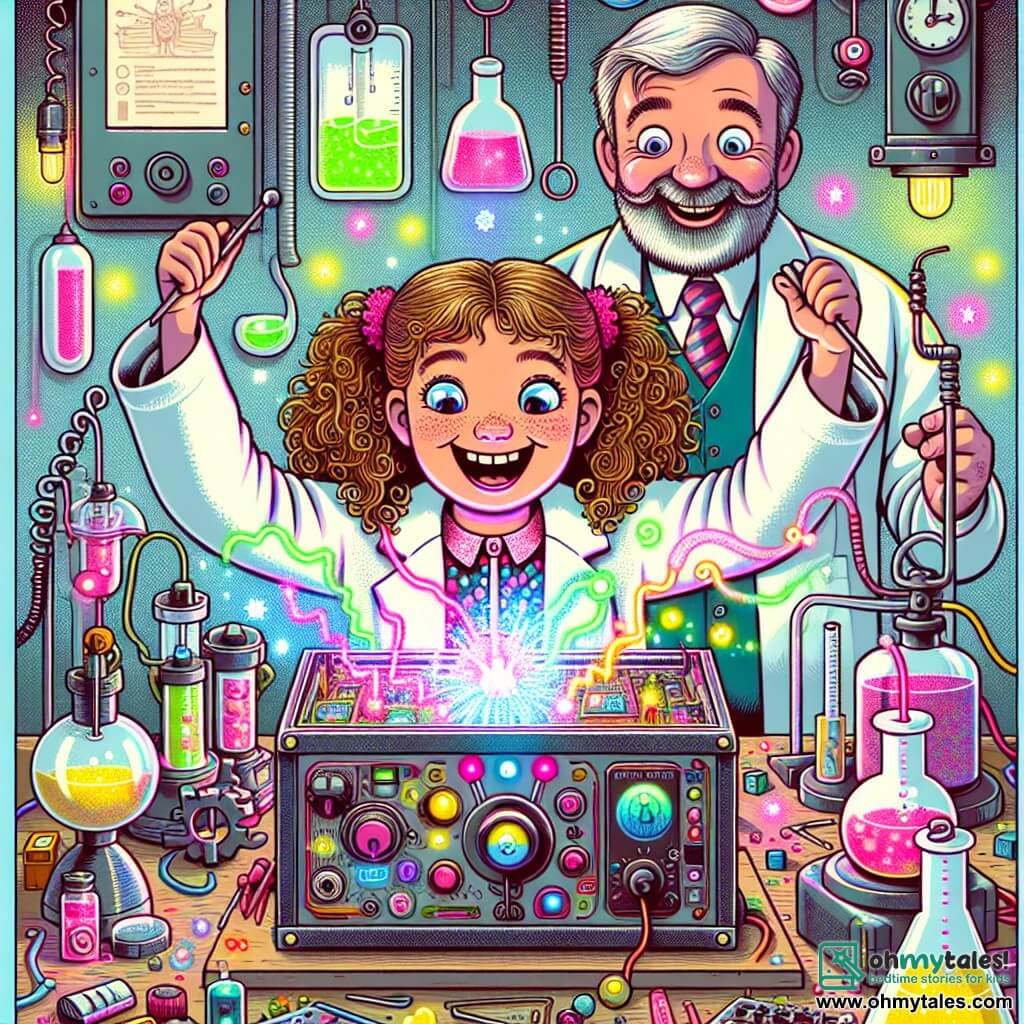 Une illustration sous forme de dessin destinée aux enfants représentant un atelier de science coloré et chaotique, rempli de gadgets étranges et de potions pétillantes, où une fille de 9 ans aux cheveux bouclés et aux yeux pétillants, vêtue d'une blouse de laboratoire trop grande, explore avec émerveillement une boîte métallique brillante aux boutons lumineux, tandis qu'un homme à la barbe fournie, en lab coat, observe avec un sourire fier, illustrant le moment magique où la curiosité de l'enfant déclenche un voyage dans le temps.