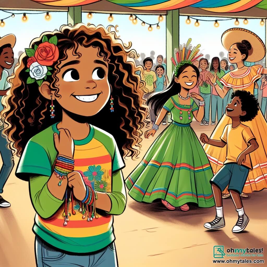 Une illustration sous forme de dessin destinée aux enfants représentant un festival culturel animé dans un centre communautaire, avec une fille de 11 ans aux cheveux bruns et bouclés, portant un t-shirt coloré et un bracelet fait main, qui sourit en regardant des danseurs en costumes traditionnels, tandis qu'un groupe d'enfants de différentes origines ethniques, dont un garçon aux cheveux noirs et une fille aux cheveux blonds, rit et joue autour d'eux, créant une atmosphère joyeuse de célébration de la diversité.