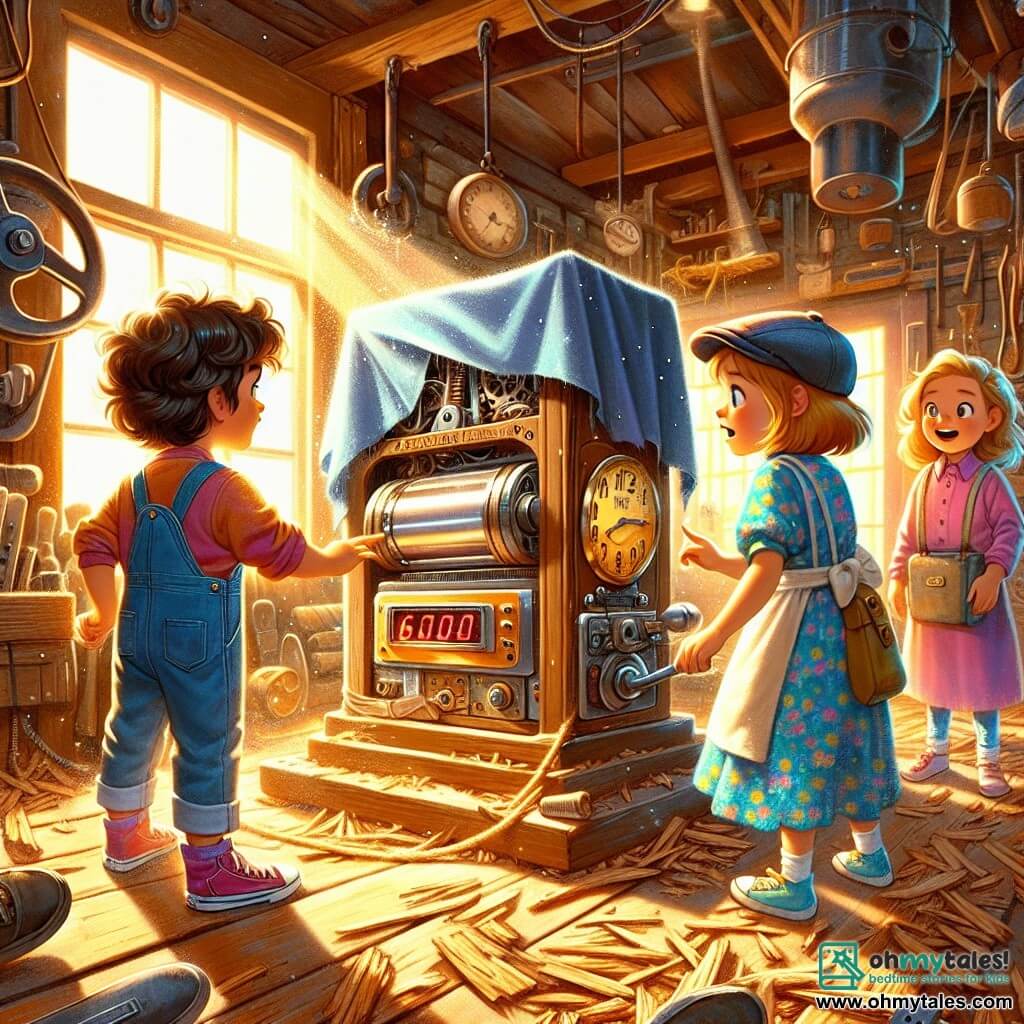 An illustration depicting a vibrant scene in a workshop filled with tools and old machines. The floor is covered with wood shavings, and rays of sunlight filter through a dusty window, illuminating a strange shiny device at the center of the room, covered with a sheet. Three children stand around the machine: a 10-year-old girl with curly hair and sparkling green eyes, wearing denim overalls and a colorful t-shirt, gazes at the machine in wonder. Next to her, another 9-year-old girl with smooth brown hair, dressed in a floral dress, smiles with excitement, while a 10-year-old boy with short hair and a cap points to a red button on the machine, his eyes shining with anticipation. The main scene shows the children about to activate the time machine, their faces lit up with excitement and adventure. Sparks of light and twinkling stars seem to emanate from the machine, suggesting an imminent journey through time. In the background, shelves are filled with old books and mysterious objects, adding an atmosphere of curiosity and magic to the scene.