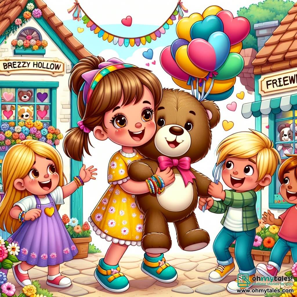 Une illustration sous forme de dessin destinée aux enfants représentant une scène colorée dans le petit village de Breezy Hollow, où une fille de 11 ans aux cheveux bruns en pigtails et portant une robe jaune à fleurs, sourit joyeusement en tenant un énorme ours en peluche, entourée de ses amis, dont un garçon aux cheveux blonds en t-shirt rouge qui rit en brandissant un bracelet coloré, alors qu'ils se tiennent devant une boutique de fleurs décorée de cœurs et de guirlandes, célébrant la joie de l'amitié et la magie de la Saint-Valentin.