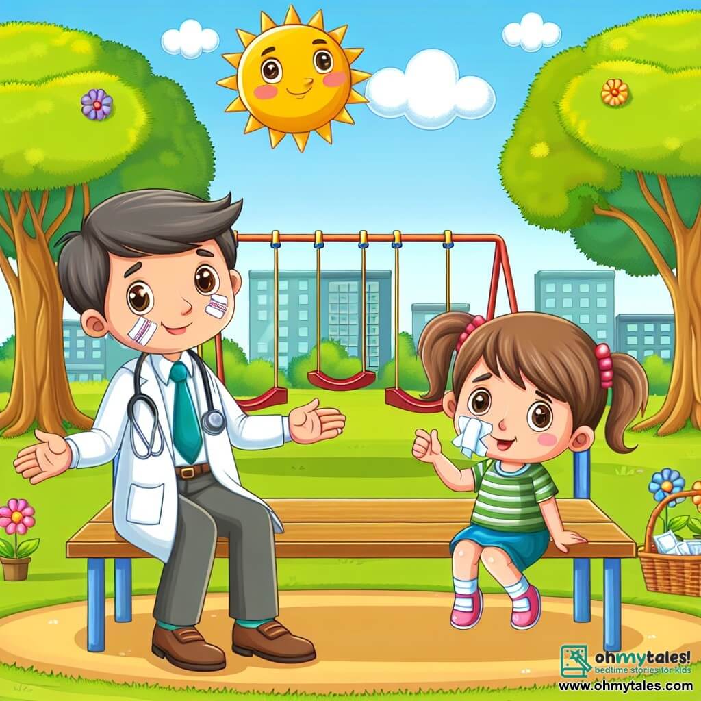 Une illustration destinée aux enfants représentant un garçon joyeux confronté à la maladie, accompagné d'une petite fille aux couettes, assis sur un banc dans un parc ensoleillé, avec des balançoires colorées et des arbres verdoyants en arrière-plan.