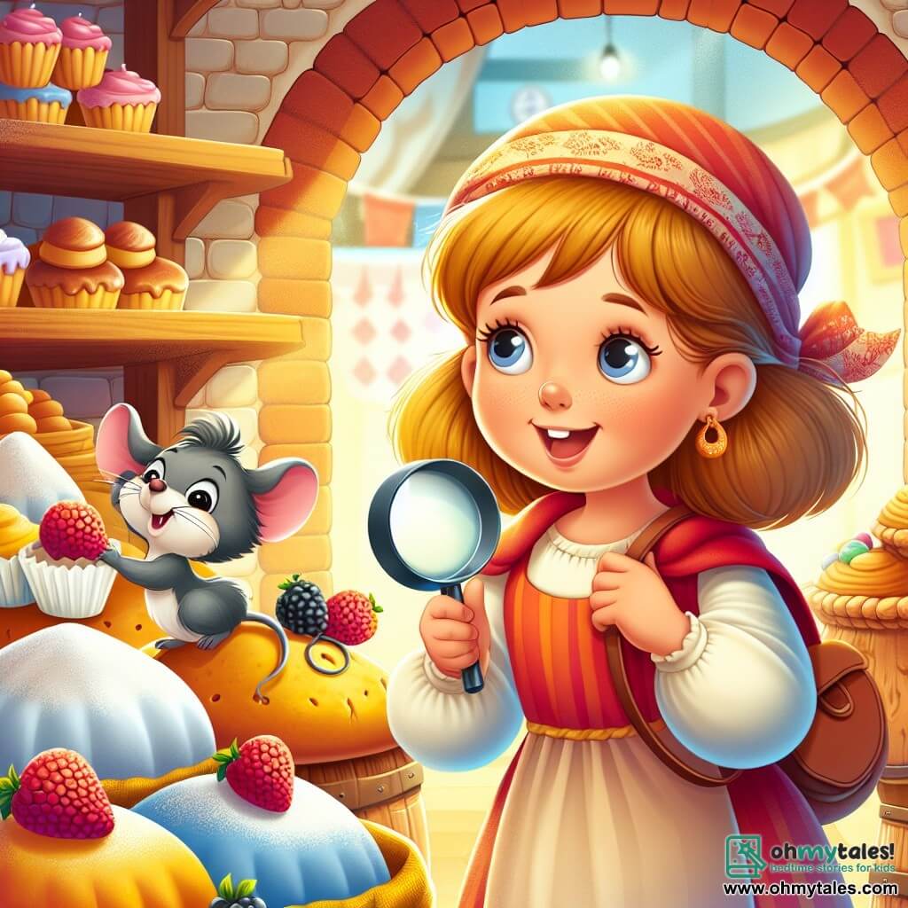 Une illustration destinée aux enfants représentant une fillette curieuse et astucieuse se lançant dans une enquête pour résoudre le mystère d'un cupcake disparu, accompagnée d'une souris malicieuse et d'un autre petit personnage dans une boulangerie chaleureuse, remplie de délicieuses pâtisseries colorées et de sacs de farine empilés.