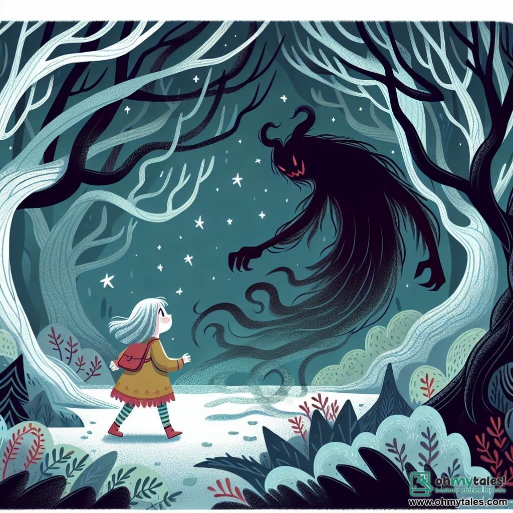 Une illustration destinée aux enfants représentant une fille courageuse et curieuse, confrontée à un gardien spectral menaçant, dans une forêt dense et mystérieuse aux arbres tordus et aux ombres qui dansent.