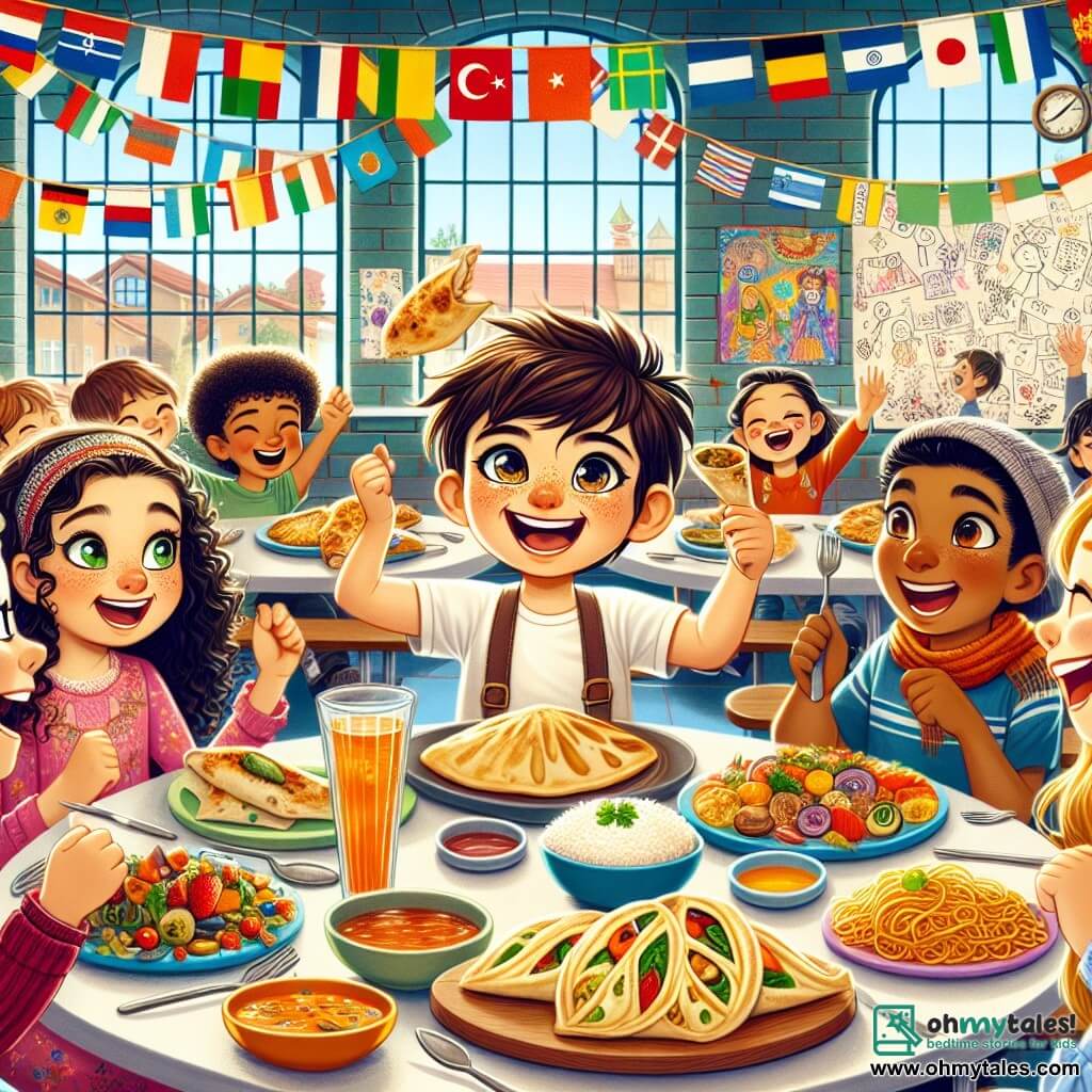 Illustration depicting a vibrant scene in a school cafeteria, filled with tables adorned with colorful tablecloths and appetizing dishes from various cultures. The walls are decorated with children's drawings celebrating diversity, and laughter fills the air. In the center of the image, a Turkish boy, about 11 years old, with brown hair and sparkling eyes, joyfully smiles while holding a plate of gözleme, a flatbread filled with vegetables. Next to him, a European girl, also 11, with curly hair and green eyes, enthusiastically encourages him, her arms raised in celebration. Behind them, a Hispanic boy, around 11, with black hair and a cap, curiously tastes a piece of gözleme, while another Asian girl, with long smooth hair, laughs while holding a plate of pasta. The scene captures the spirit of sharing and tolerance, with children from different backgrounds coming together around food, exchanging smiles and stories. Additional graphic elements include flags from various countries hanging on the walls and colorful posters promoting diversity.