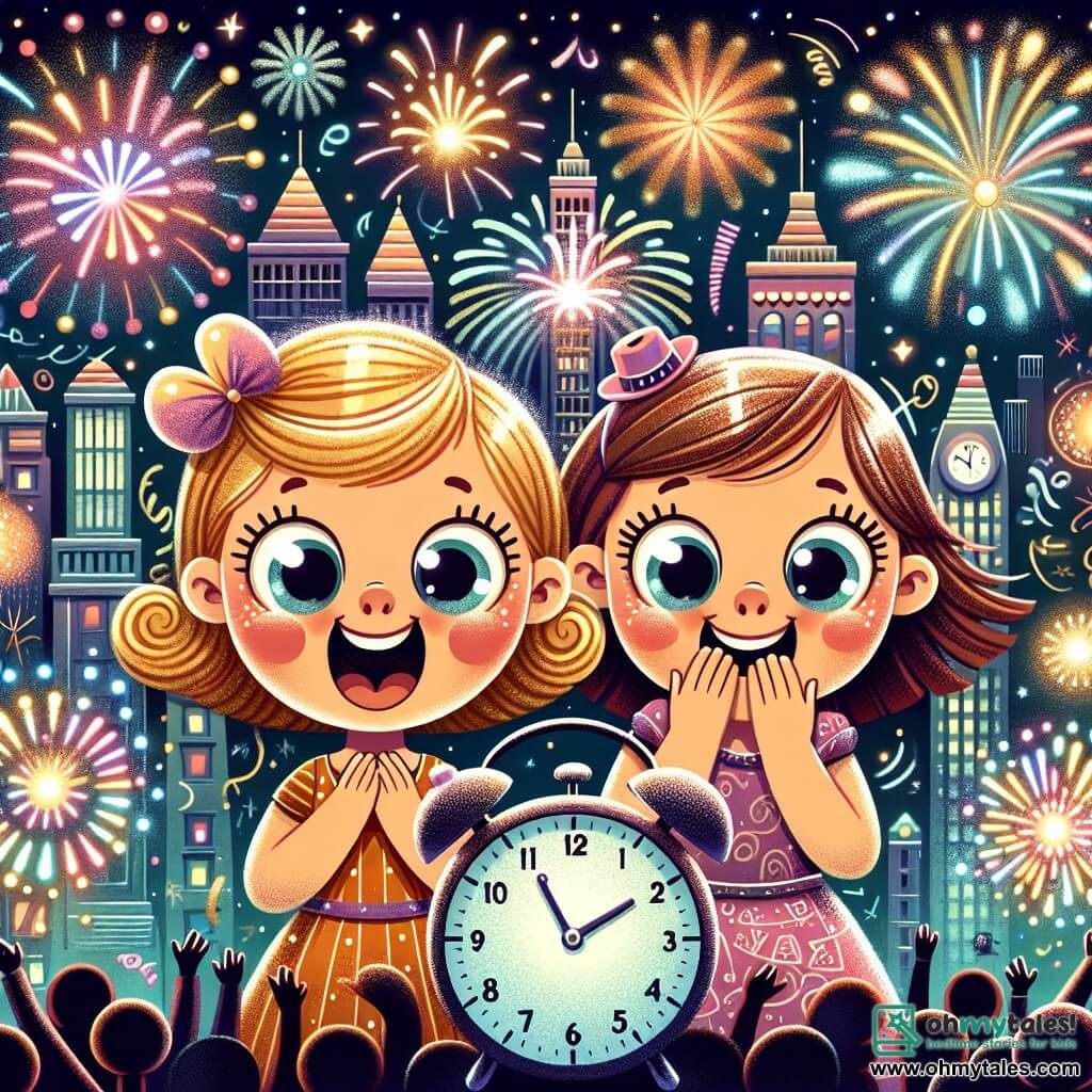 Une illustration destinée aux enfants représentant une jeune fille pleine d'excitation lors d'une fête du nouvel an, accompagnée de sa meilleure amie, dans une ville scintillante avec des lumières colorées, des feux d'artifice éclatants et une horloge de minuit défaillante.