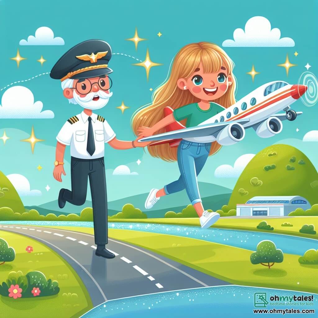 Une illustration destinée aux enfants représentant une jeune femme passionnée par les avions, accompagnée d'un pilote expérimenté, s'envolant à bord d'un avion scintillant depuis un aéroport pittoresque entouré de collines verdoyantes et d'une rivière étincelante.