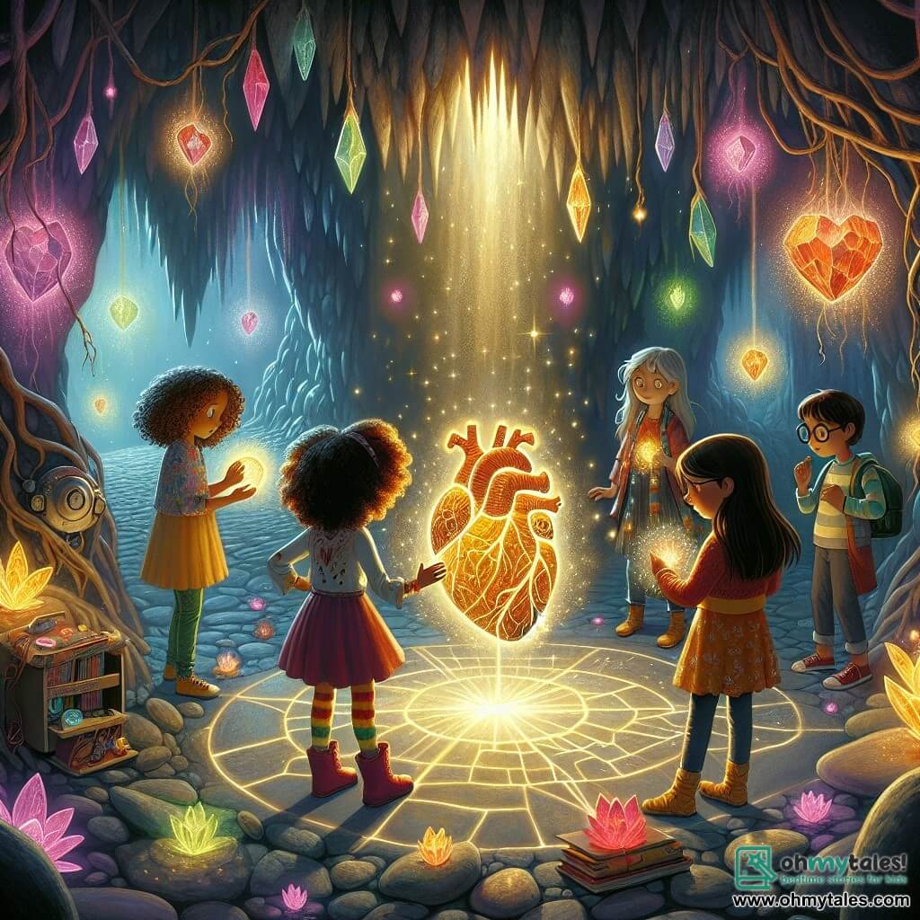 An illustration depicting a captivating scene in an enchanted cave, where the walls sparkle with multicolored crystals, casting luminous reflections on a smooth stone floor. At the center, a stone heart pulsating with a warm golden light, surrounded by luminescent tree roots and magical flowers that seem to dance to the rhythm of the energy emanating from the heart. In this scene, four girls around nine years old stand in a circle around the heart. One of them, with curly hair and a brightly colored outfit, examines a shiny gadget in her hands. Next to her, another girl with long, smooth hair raises her hand to cast a spell, enveloped in a soft magical glow. A third girl, with a determined look and short hair, stands ready to act, while the last girl, wearing glasses and holding a notebook, observes the scene closely, taking notes. The atmosphere is charged with excitement and tension as a large metallic robot, with visible gears and a friendly appearance, stands nearby, ready to assist them. Silhouettes of fantastic creatures can be seen in the shadows, adding a touch of mystery to the whole. The vibrant colors and sparkling details create a magical and dynamic ambiance, illustrating the union of technology and magic in this epic adventure.