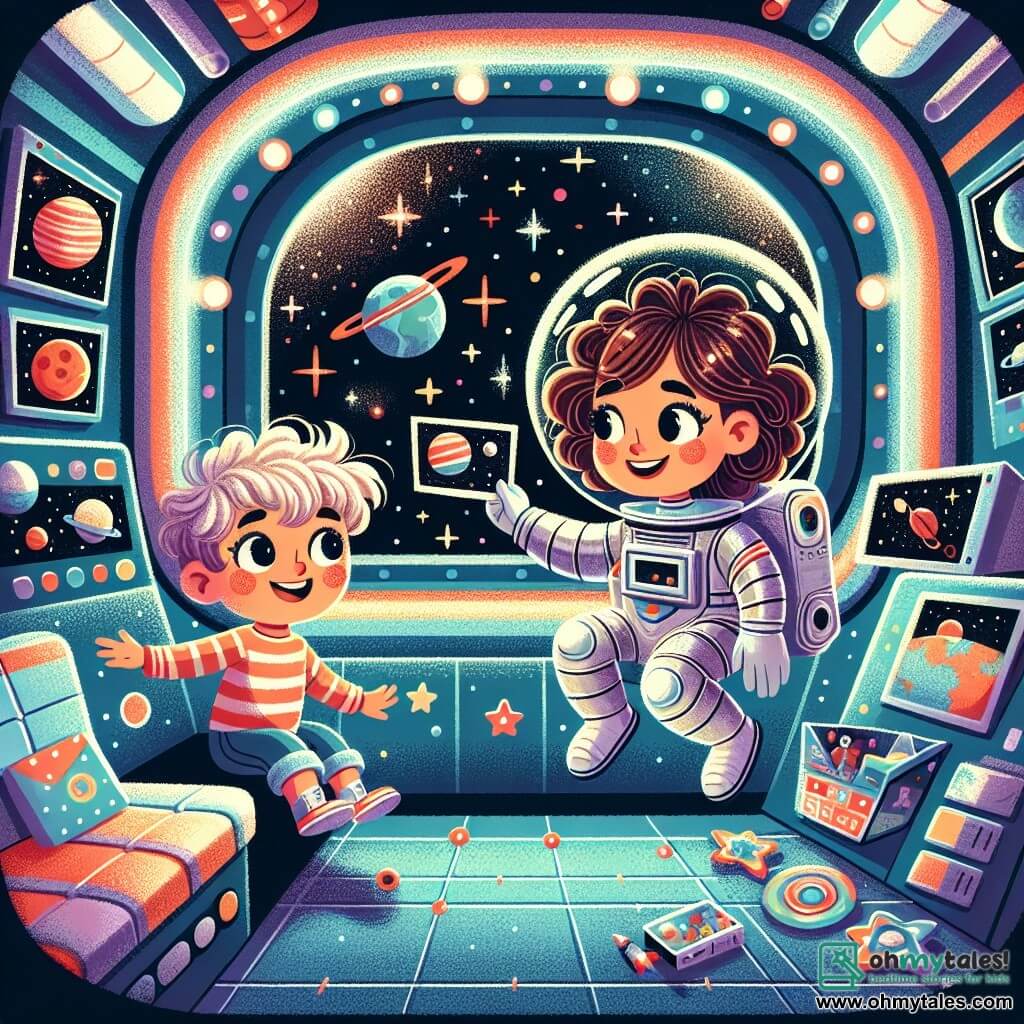 Une illustration sous forme de dessin destinée aux enfants représentant l'intérieur d'un vaisseau spatial coloré, avec des murs brillants et des fenêtres montrant des étoiles scintillantes et la Terre en arrière-plan ; une astronaute femme aux cheveux bruns et bouclés, portant une combinaison spatiale argentée, souriante et flottant joyeusement tout en montrant des images de planètes à un garçon aux yeux écarquillés, avec des cheveux blonds en bataille, assis devant un écran de contrôle, entourés de jouets spatiaux et de livres sur l'astronomie, illustrant leur rêve d'exploration et d'aventure dans l'espace.