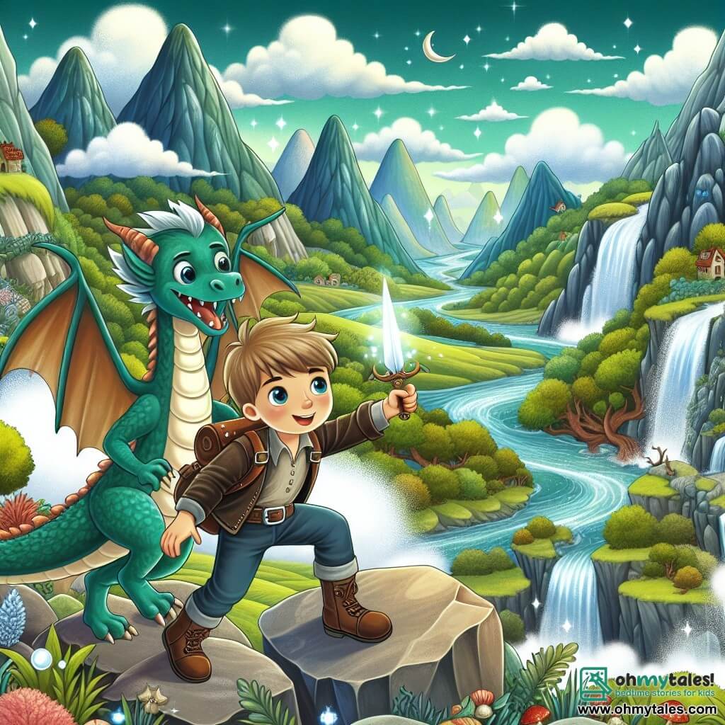 Une illustration destinée aux enfants représentant un jeune garçon intrépide se lançant dans un défi impossible avec l'aide d'un dragon farceur, dans un monde enchanté rempli de collines verdoyantes, de cascades scintillantes et de nuages douillets.
