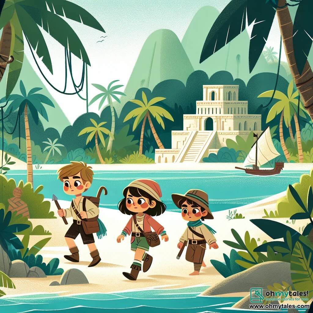 Une illustration destinée aux enfants représentant une petite aventurière courageuse, accompagnée de ses deux amis, un garçon intrépide et une fille audacieuse, explorant une île mystérieuse aux plages de sable blanc bordées de palmiers luxuriants et de ruines anciennes enveloppées de mystère.