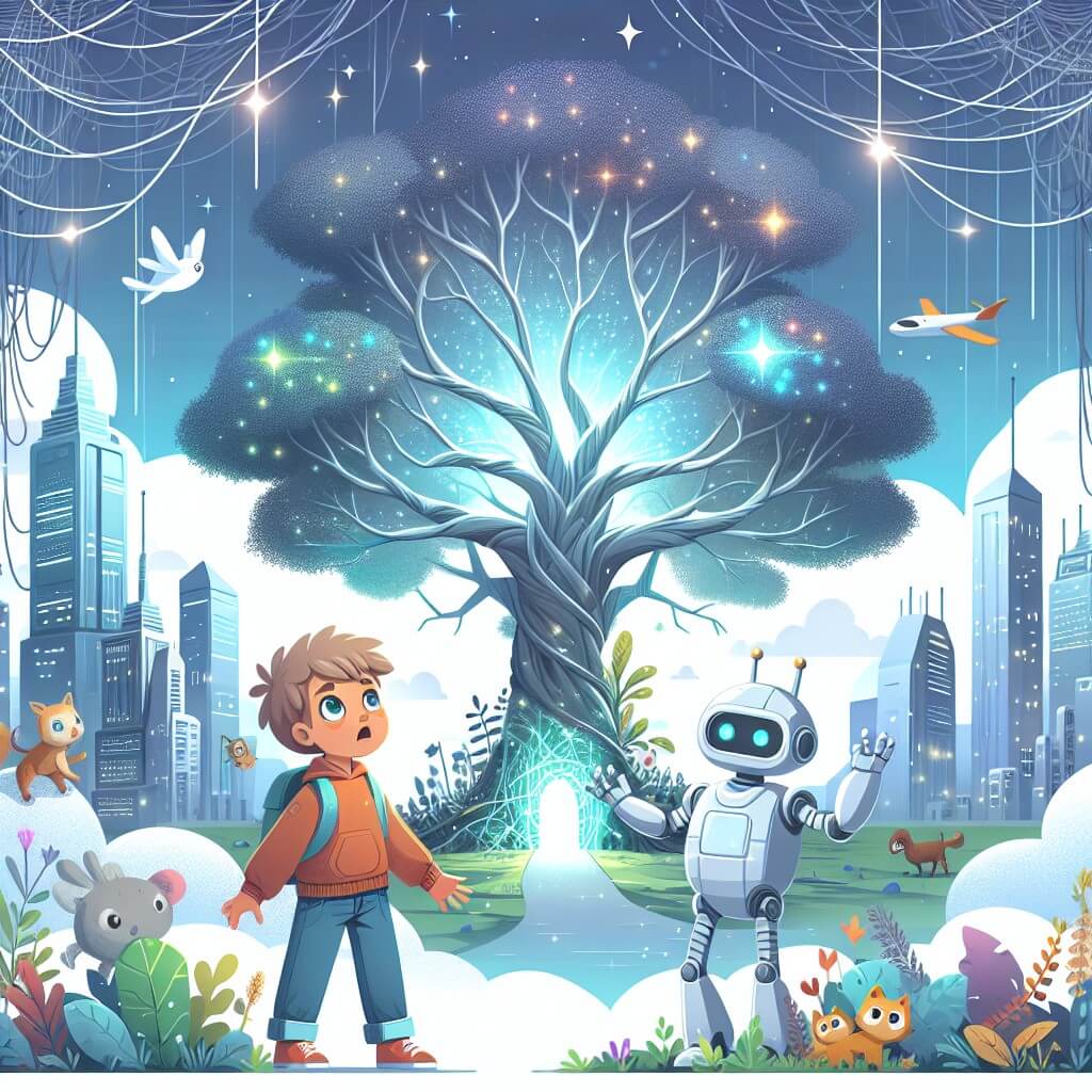 Une illustration destinée aux enfants représentant un jeune garçon, émerveillé, se tenant devant un arbre magique aux branches scintillantes, accompagné d'un robot lumineux, tandis qu'ils explorent une ville futuriste avec des gratte-ciel qui touchent les nuages et des voitures volantes, tout en étant entourés par une forêt enchantée avec des arbres gigantesques aux branches entrelacées et des animaux qui parlent.
