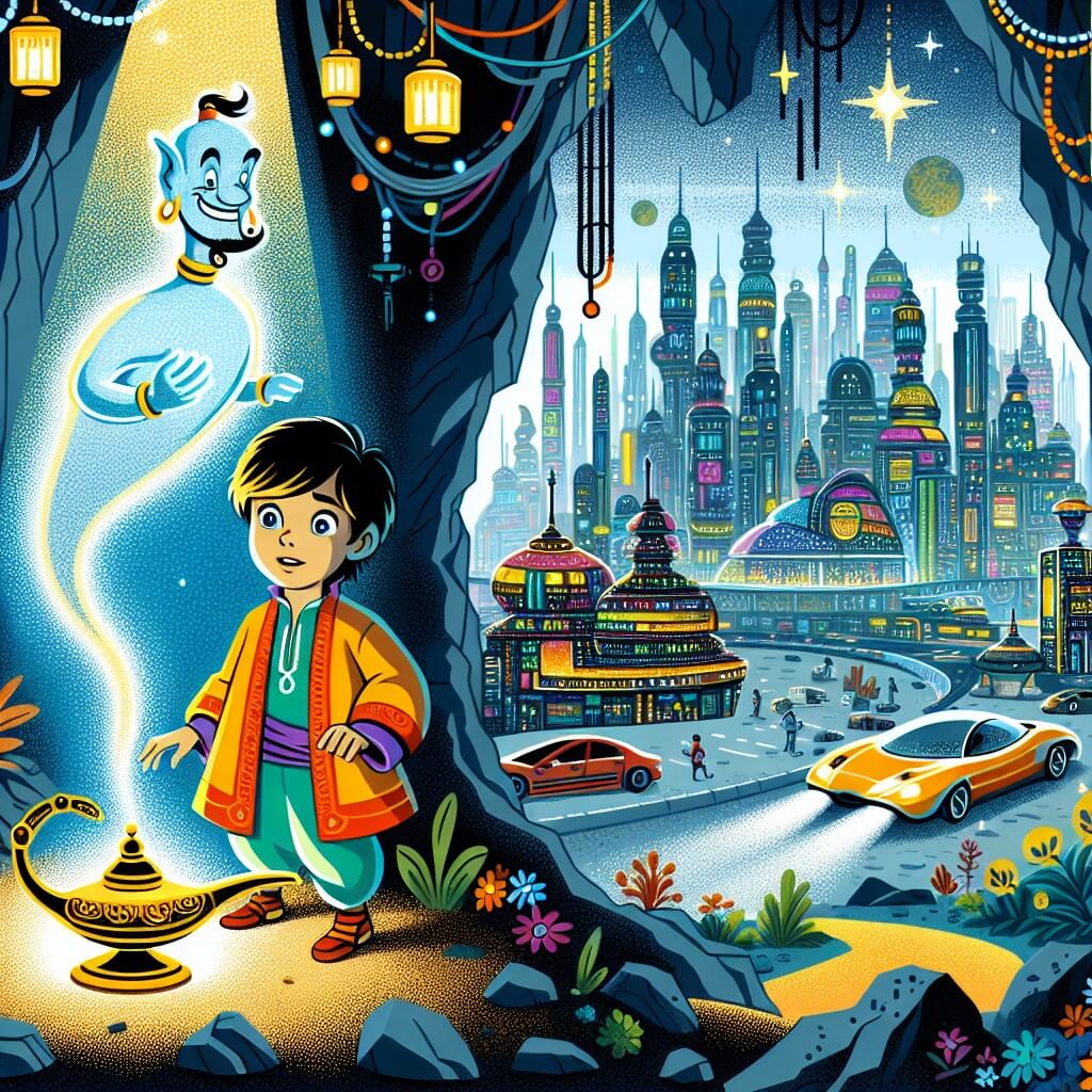 Une illustration destinée aux enfants représentant un jeune garçon des rues, vêtu de haillons colorés, découvrant une lampe magique dans une grotte mystérieuse, avec un génie bondissant hors de la lampe, au milieu d'une ville futuriste remplie de gratte-ciel scintillants et de voitures volantes.