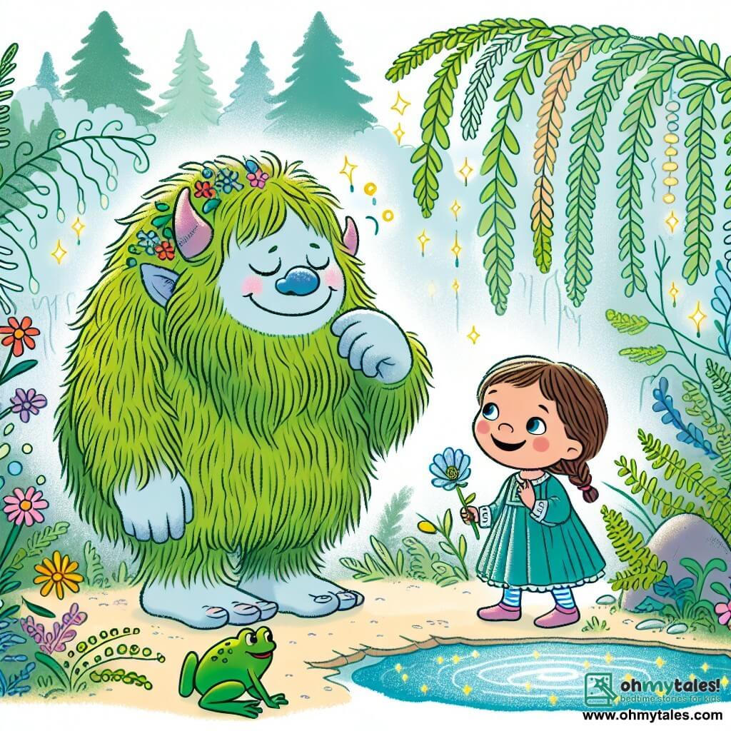 Une illustration sous forme de dessin destinée aux enfants représentant un marais magique et brumeux, avec des ferns verts luxuriants et des fleurs colorées, où un grand ogre doux au pelage duveteux et aux yeux pétillants de gentillesse se tient près d'un étang scintillant, en train de sourire et de parler à une petite fille aux yeux brillants et à la robe bleue flottante, tandis qu'un petit grenouille verte aux yeux malicieux les observe en sautillant joyeusement, capturant l'instant où ils découvrent ensemble le secret du marais enchanté.