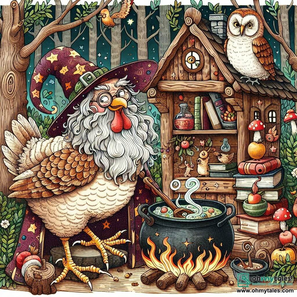 Une illustration destinée aux enfants représentant un sorcier farfelu se retrouvant transformé en poulet dans une forêt enchantée, accompagné d'un sage hibou, dans une petite maison tordue remplie de chaudrons bouillonnants et de piles de livres magiques.