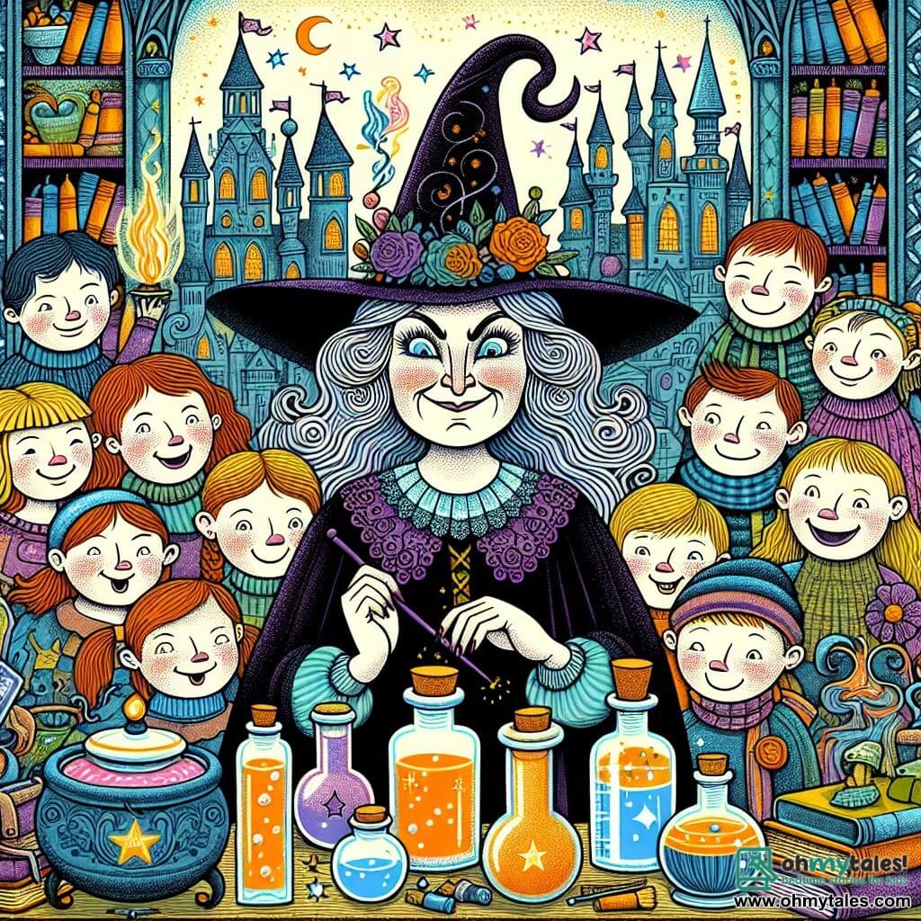 Une illustration destinée aux enfants représentant une sorcière espiègle, accompagnée d'un groupe d'enfants, dans un atelier magique rempli de potions colorées et de livres enchantés, situé au cœur d'une ville fantastique appelée Sillyville, où règne la joie et le rire.