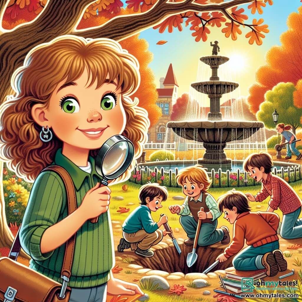 Une illustration sous forme de dessin destinée aux enfants représentant un parc ensoleillé avec un grand chêne au centre, où une fille de 11 ans aux cheveux châtains bouclés et aux yeux verts, portant une loupe et un carnet, observe attentivement un groupe de garçons en train de creuser près d'une vieille fontaine, tandis que ses deux amis, un garçon aux cheveux bruns et une fille aux cheveux blonds, l'encouragent à résoudre le mystère d'un trésor caché, entourés de feuilles d'automne colorées et d'un air d'excitation palpable.