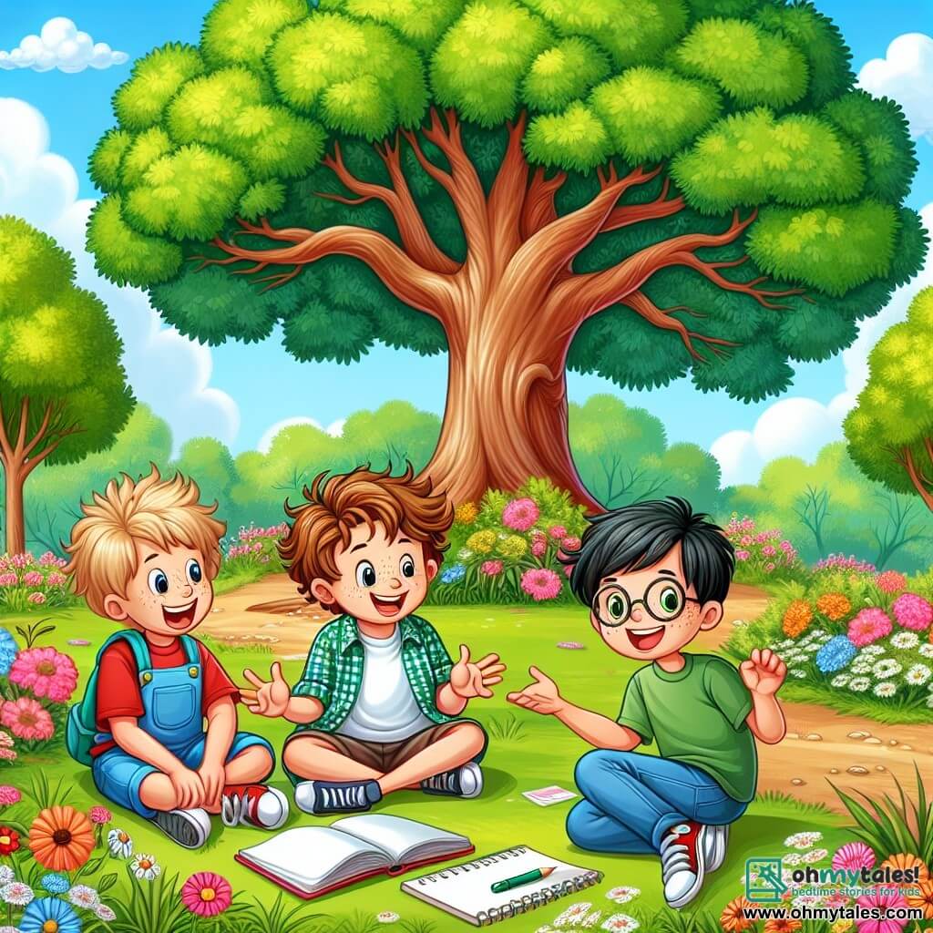 An illustration depicting a sunny afternoon in a vibrant park, featuring a majestic oak tree at the center with its branches laden with green leaves and pink flowers. A carpet of wildflowers and fresh grass on the ground invites relaxation. Four boys, around 10 years old, stand under the tree. The first boy, with messy brown hair and a bright smile, wears a red t-shirt and blue shorts, gesturing enthusiastically as he talks. The second boy, with blonde hair and glasses, leans over a notebook, deep in thought, dressed in a plaid shirt. The third boy, with black hair and freckles, has a mischievous look and wears a green t-shirt, making a funny face. The fourth boy, with brown hair and a slight limp, smiles warmly in a blue hoodie. The scene captures the moment as the boys animatedly discuss their project on honesty, surrounded by laughter and camaraderie, while a classmate sitting a bit apart on a swing watches them with a hesitant expression. Additional graphic elements include colorful balloons floating in the air, a picnic with sandwiches and fruits on a blanket nearby, and birds singing in the branches, adding a joyful and friendly atmosphere to the scene.