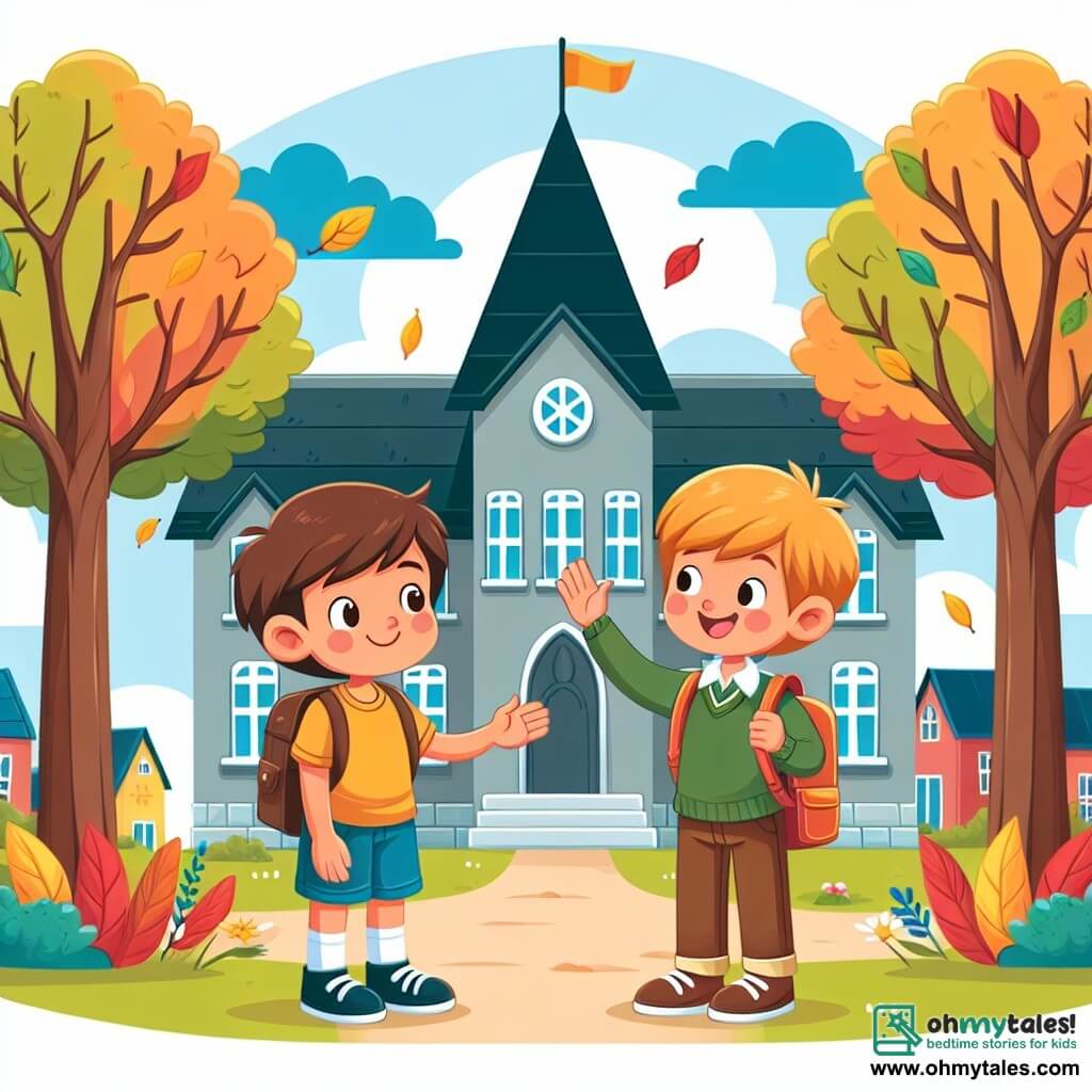 Une illustration destinée aux enfants représentant un garçon timide et nouveau dans la ville, se faisant un ami garçon joyeux et accueillant, dans une école entourée de grands arbres aux feuilles colorées et des maisons aux toits pointus.