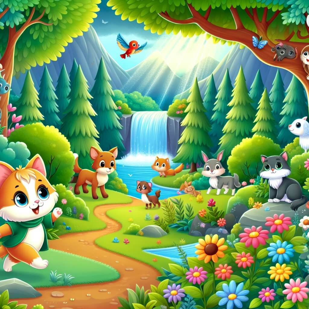 Une illustration destinée aux enfants représentant un chat curieux et aventureux, se lançant dans une quête pour trouver un trésor caché dans une forêt enchantée, accompagné de ses amis animaux, dans un paysage luxuriant rempli de fleurs chatoyantes, d'arbres majestueux et d'une cascade scintillante.